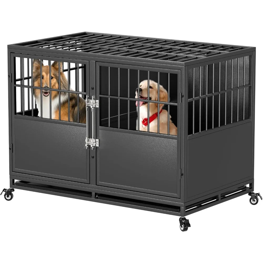 48 inch Stackable Heavy Duty Dog Crate with Divider, Metal Indestructible Anxiety Dog Kennel for Two Small or One Large Dogs, Ch