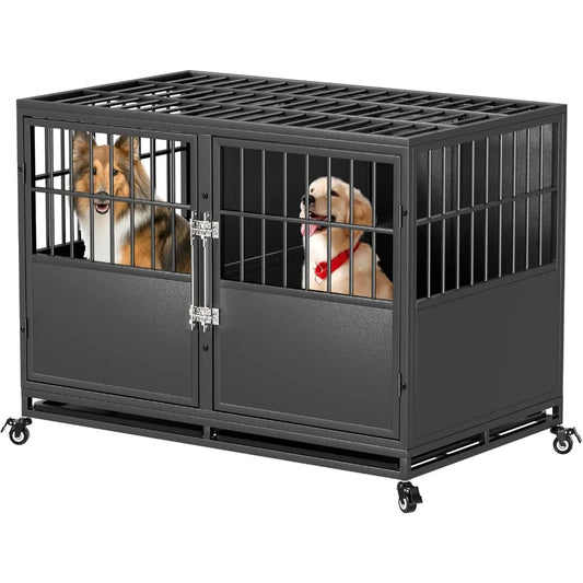 48 inch Stackable Heavy Duty Dog Crate with Divider, Metal Indestructible Anxiety Dog Kennel for Two Small or One Large Dogs, Ch