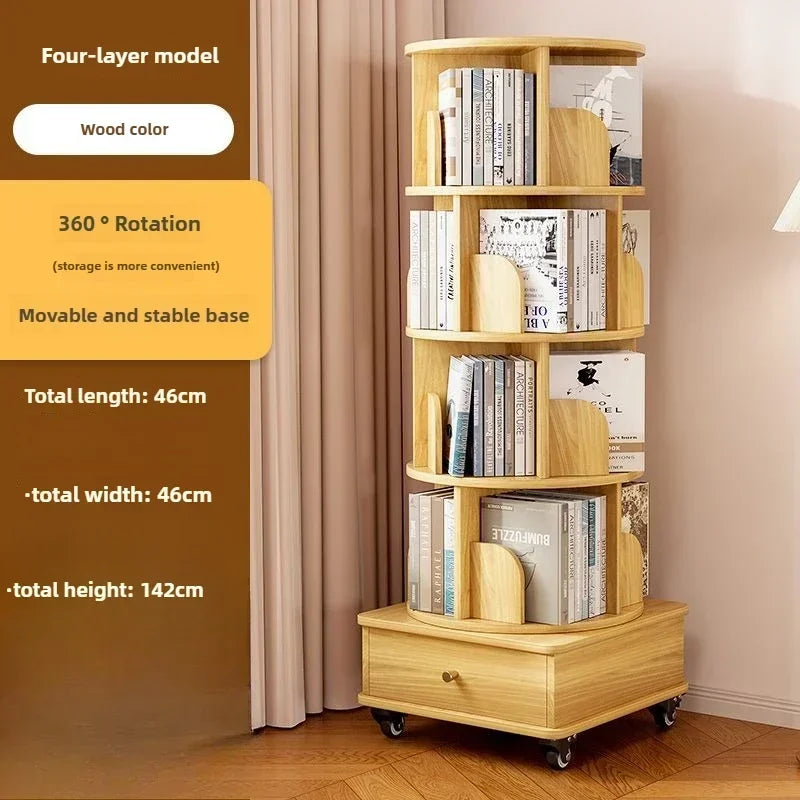 Rotating Bookshelf 360 Floor-to-ceiling Living Room Storage Shelf Home with Wheels Mobile Student Picture Book Shelf Bookcase