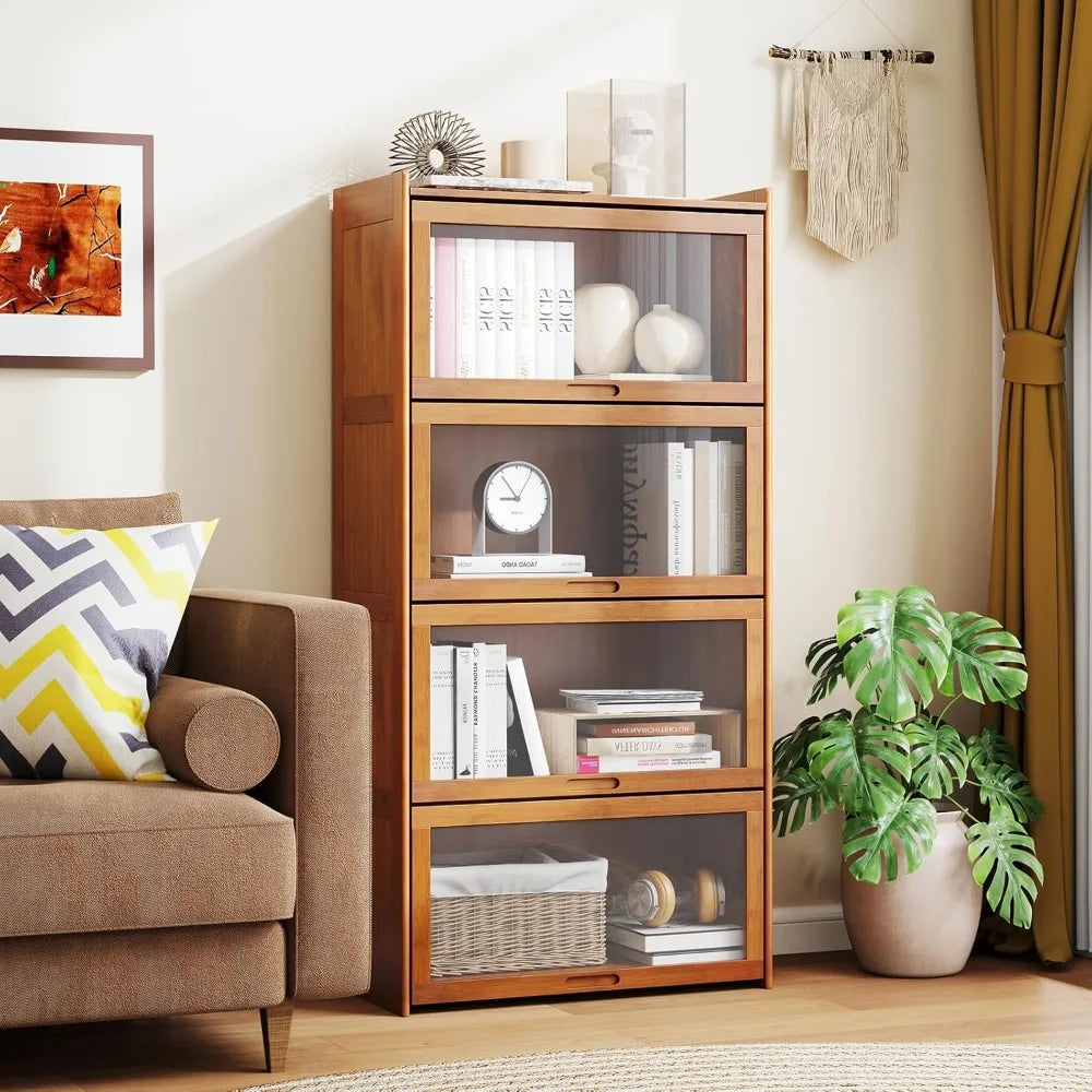 4-Tier Bookcase with Clear Doors, 55" Bamboo Bookshelf with Flip-up Acrylic Doors, Freestanding Cube Storage Organizer with She