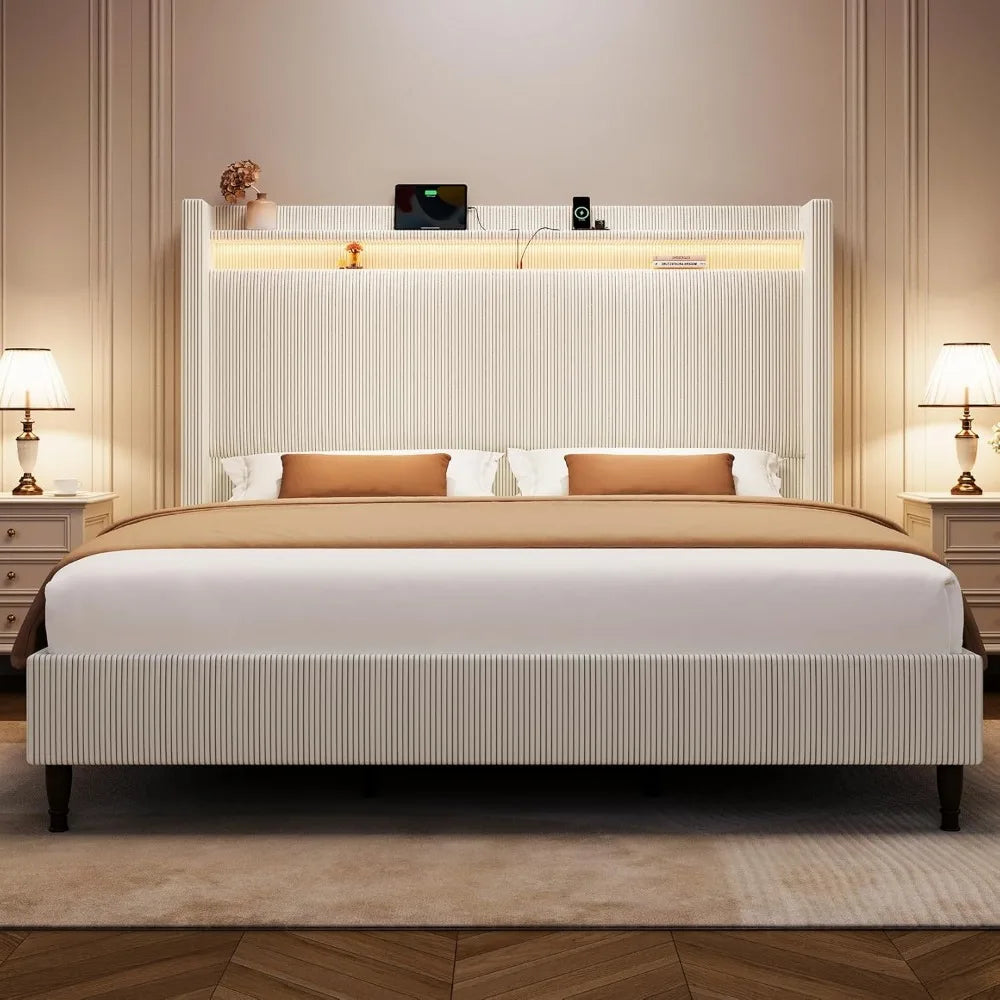 King Size Bed Frame with Tall Headboard, 55.3" Corduroy Upholstered Platform Bedframe with LED Lights & Charging Station