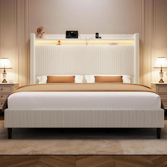 King Size Bed Frame with Tall Headboard, 55.3" Corduroy Upholstered Platform Bedframe with LED Lights & Charging Station