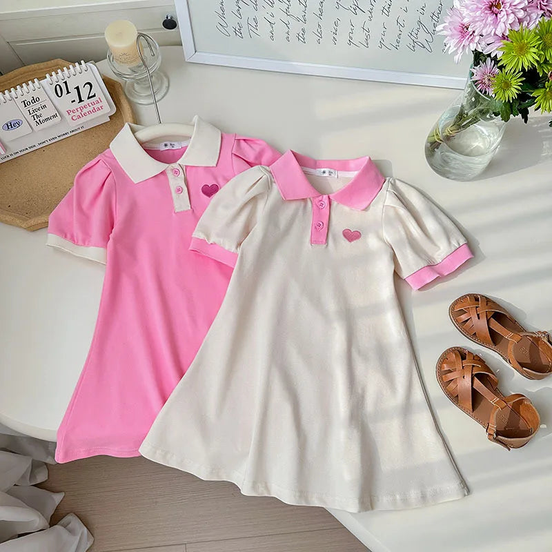 2025 Summer Stylish Girls' Polo Shirt Dresses 1-7Y Trendy Embroidered Heart Lapel Dress for Kid's Children's Clothing Outfit