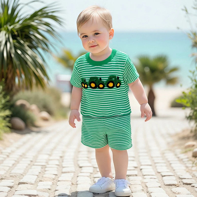 Toddler Boys 2-Piece Outfit Short Sleeve Dinosaur Print T-shirt with Denim Shorts Summer Set for Little Boys