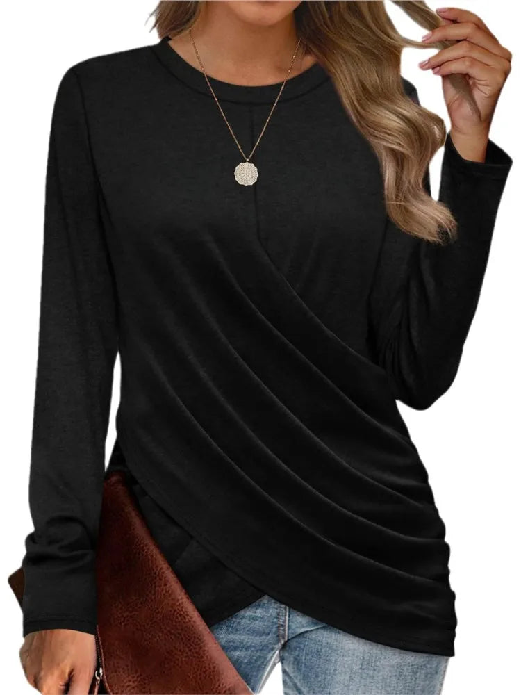 Women's Clothing 2024 Autumn Winter New Solid Color T-shirt Casual Round Neck Cross Pleated Loose Long Sleeved Top