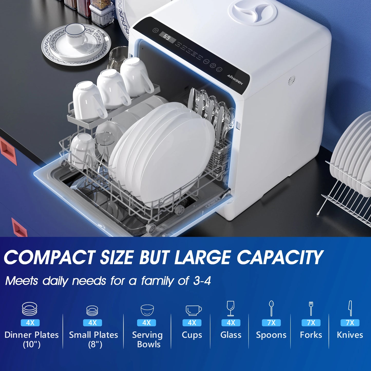 Portable Dishwasher, 6 Wash Programs, Dual Water Supply, Auto Drying, Perfect for Kitchens, Apartments, RVs