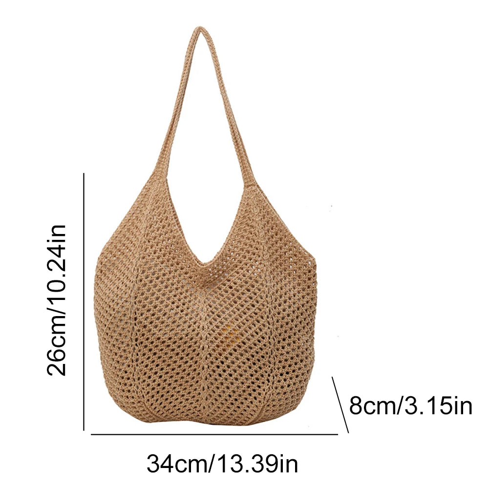 Women Hollow Summer Bag Solid Color Aesthetic Hobo Bag Large Capacity Knitted Tote Handbag Ladies Daily Handbag