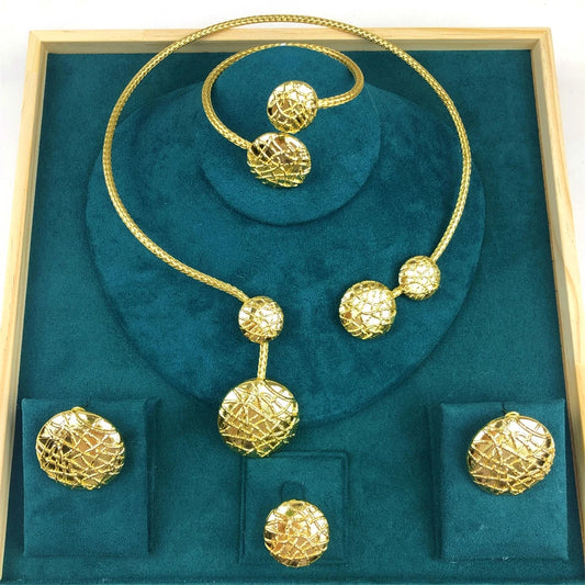 Gold Plated Jewelry Set Classic Design Round Beads Women Necklace Earring Bracelet And Ring Party Jewelry