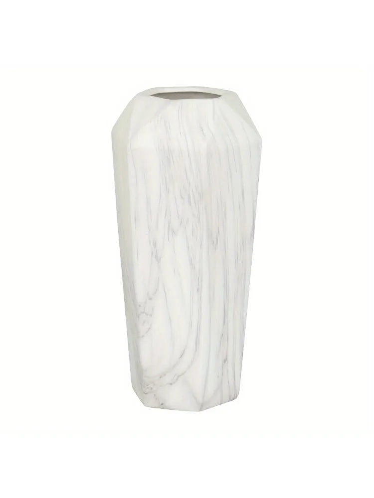 14" Faux Marble White Ceramic Vase