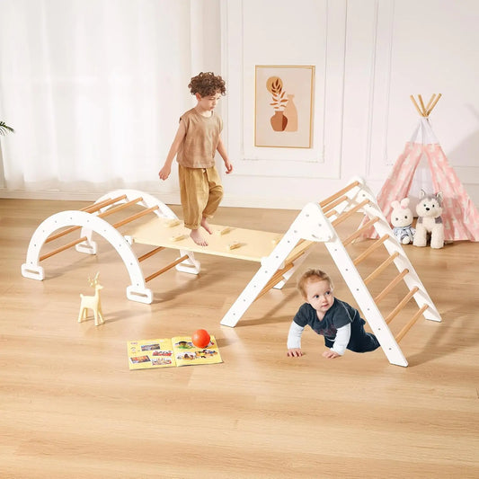 Pikler Triangle Set, Foldable Toddler Climbing Toys, Wooden Montessori Climbing Set for Kids Ages 2-8, Indoor Playground Jungle