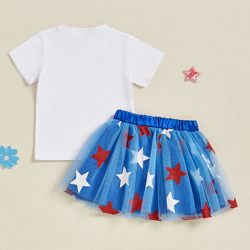 Independence Day Toddler Girl Outfits American Flag Print Round Neck Short Sleeve Tops Star Print Skirts 2Pcs Clothes Set