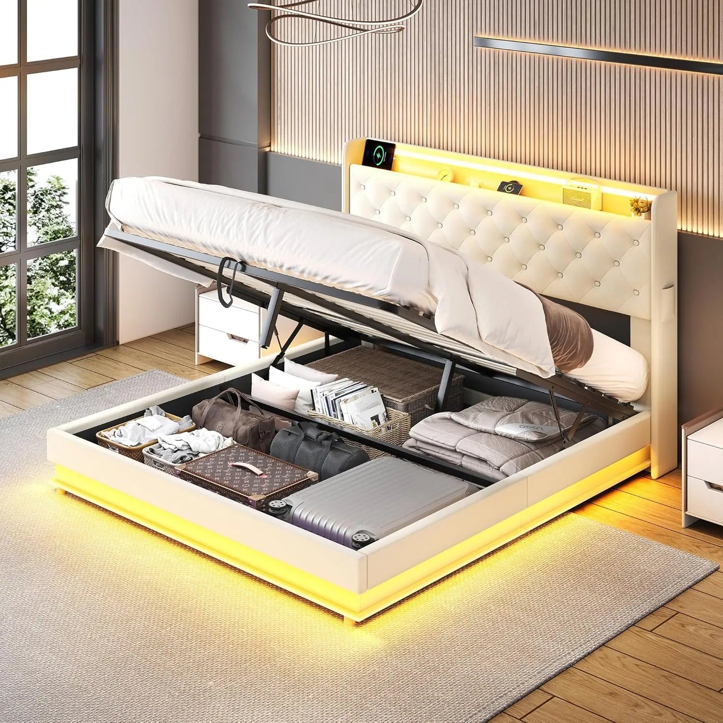 Led Queen Lift Up Storage Bed Frame with Wingback Storage Headboard Beige Upholstered Platform Bed Frame with Storage Underneath