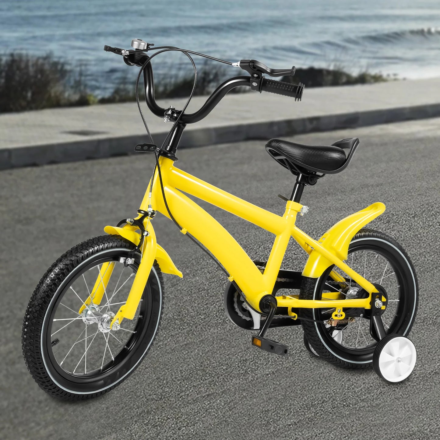 14'' Children's Bicycle,Kid's Learning Bike W/ 2 Training Wheels for 3-7 Years,Carbon Steel Bicycle,Red/White/Blue/Yellow