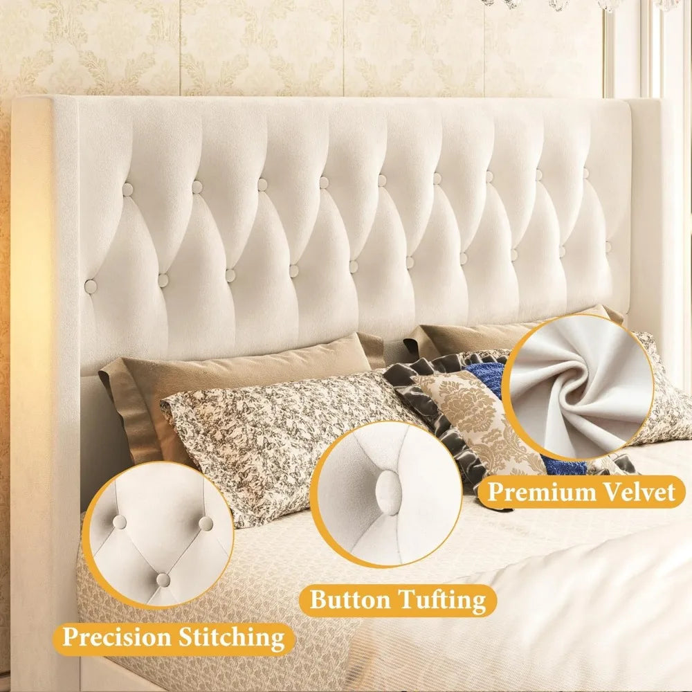 HISOFT Queen Bed Frame, Velvet Upholstered Queen Platform Bed with 48.8" Tall Wingback Headboard, Button Tufted, No Box Spring N