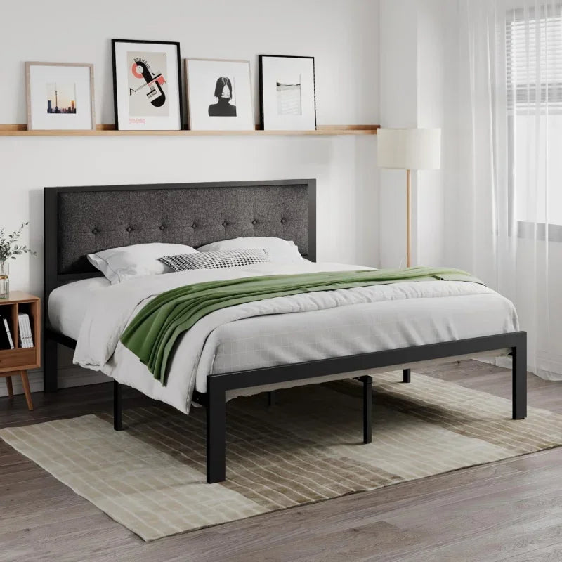 King Size Bed Frame Upholstered Headboard,Platform Bed with Metal Slats,Button Tufted Square Stitched Headboard,Grey
