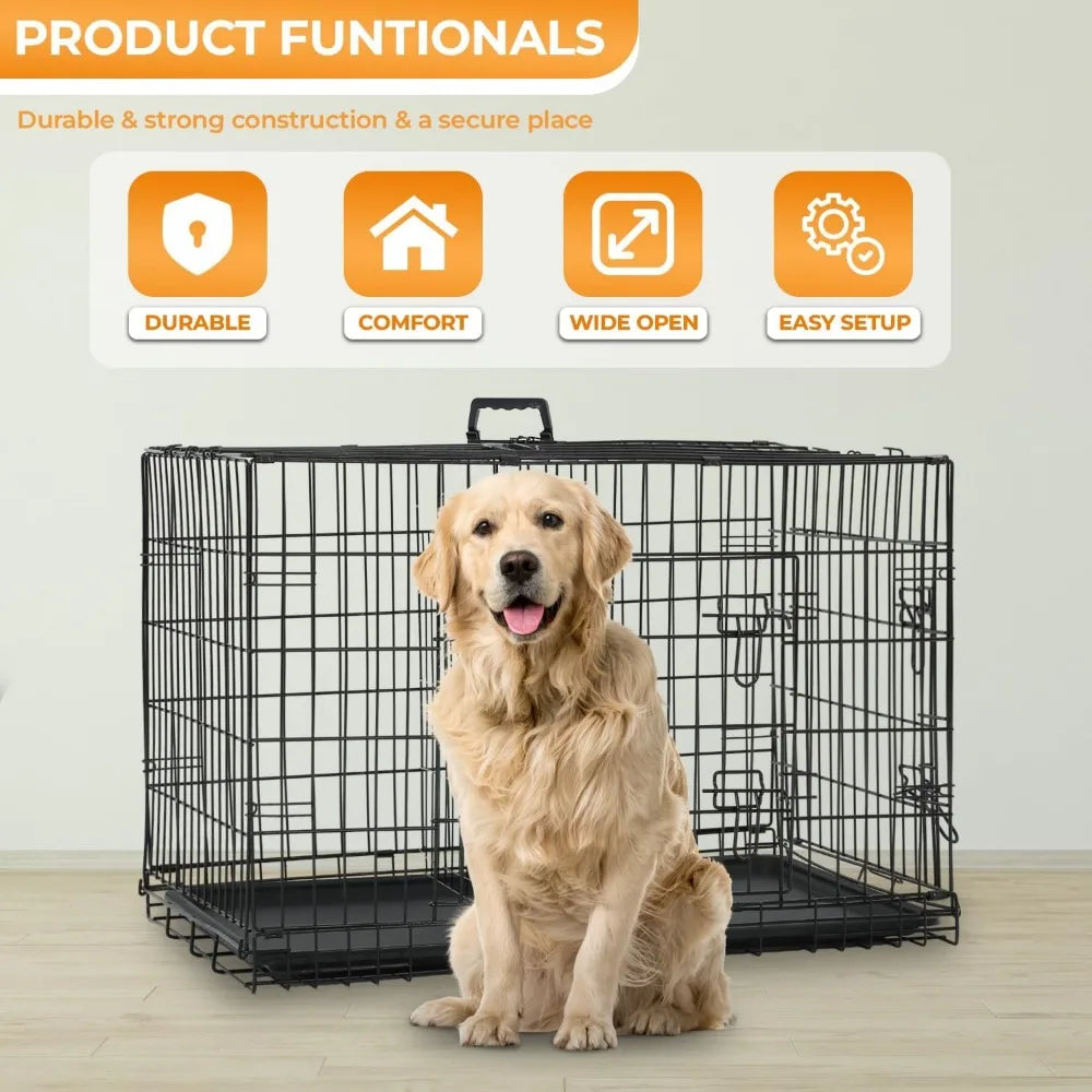 Large Dog Crate Kennel for Medium Large Dogs Metal Dog Cage Double-Door Folding Travel Indoor Outdoor Puppy Playpen