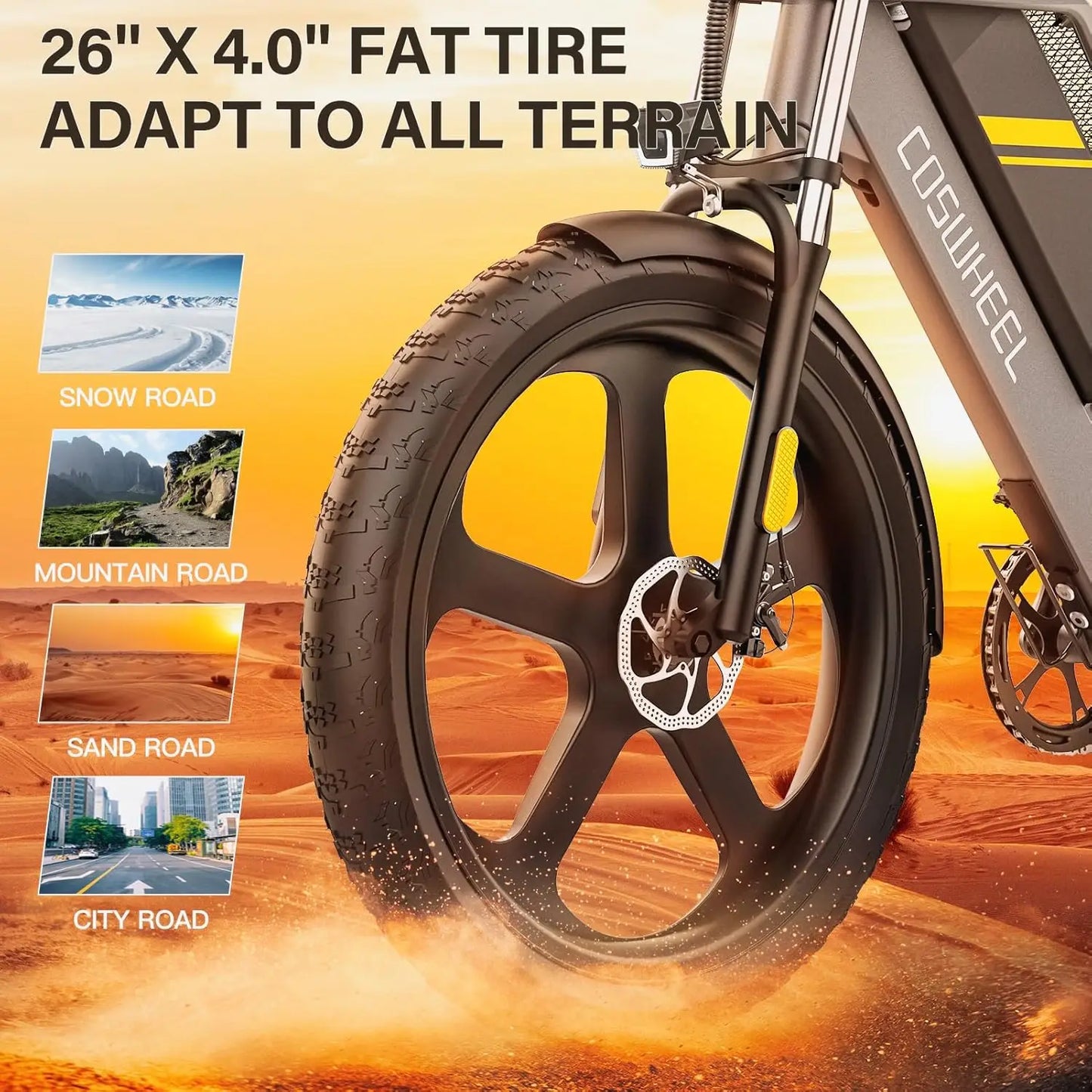 COSWHEEL 26Inch Electric Bike Off Road Mountain bike Electric Motorcyle Fat bike E Bike 1500w 48V 25Ah Removabel Battery