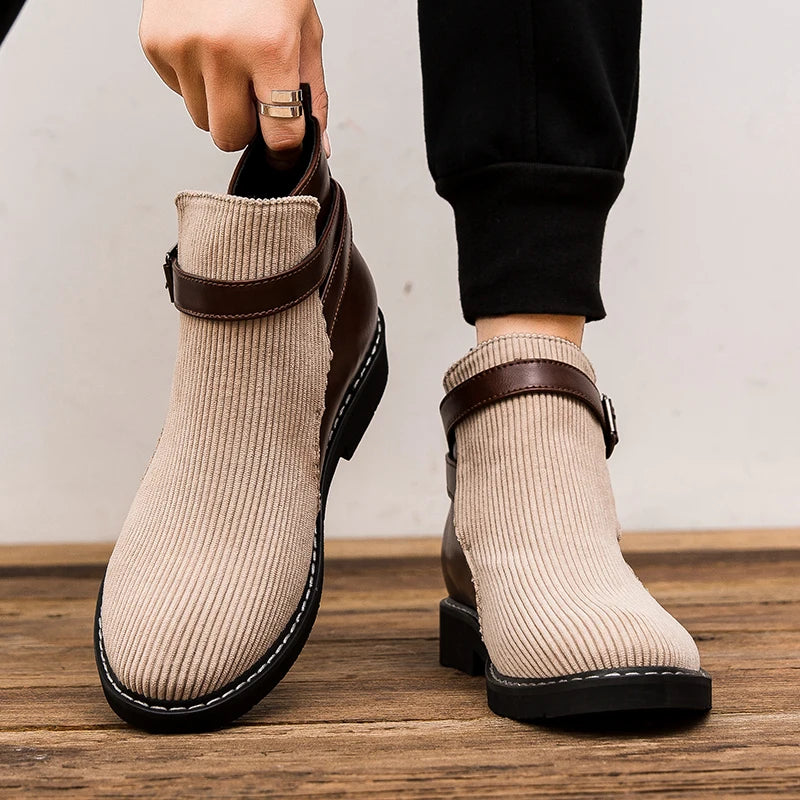 High-top Chelsea Boots, Multi-color Belt Buckle Men's Boots, Pointed-toe Large-sized Retro British Style Men's Boots