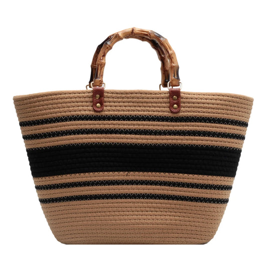 Beach Vacation Bags Bamboo Handle Women Weaving Bag Large Capacity Striped Portable Casual Fashion Exquisite for Seaside Party