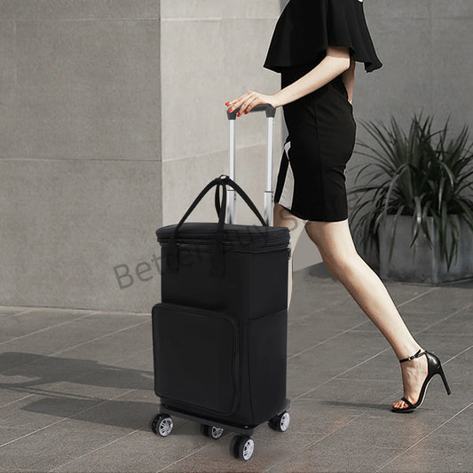 Black 2-in-1 Expandable Rolling Shopping Bag with 5 Wheels, Foldable Trolley Luggage Cart for Travel, Grocery, Business Use