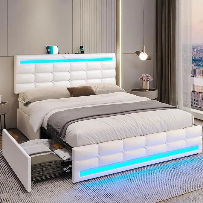 Bed Frame with Drawers, LED Bed Frame with Charging Station and Storage & LED Lights Headboard Footboard, Pu Leather Bed Frame