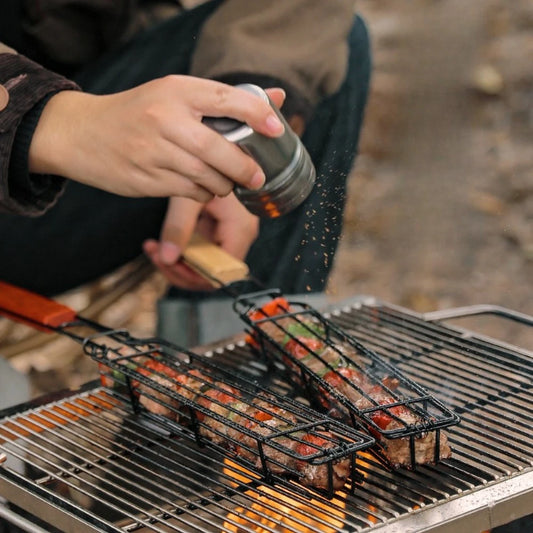 BBQ Grill Basket -Outdoor Camping Stainless Steel Grill Rack for Meat/Veggies, Charcoal Picnic Skewer Tool Party Camping Kitchen