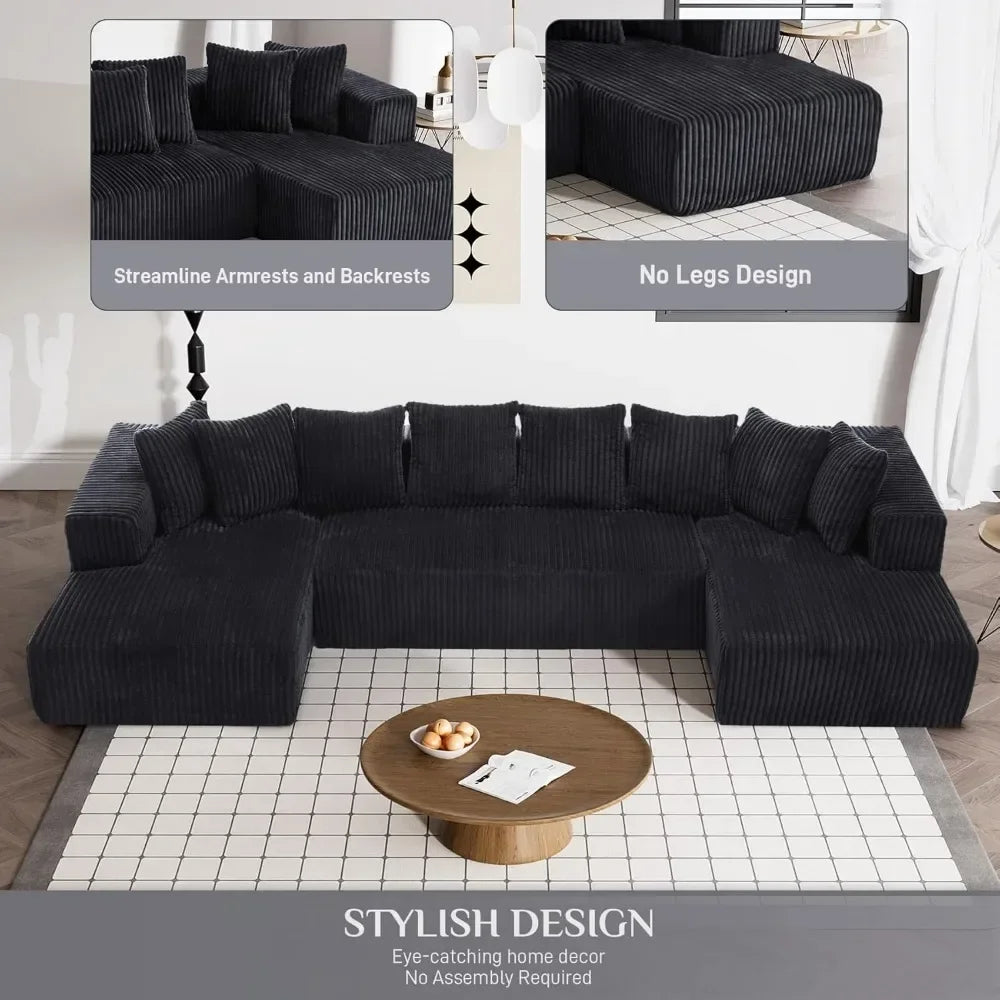 131" Modular Sectional Couch, Luxury Black Sectional Couches for Living Room, Comfy Corduroy Couch Sectional Sofa