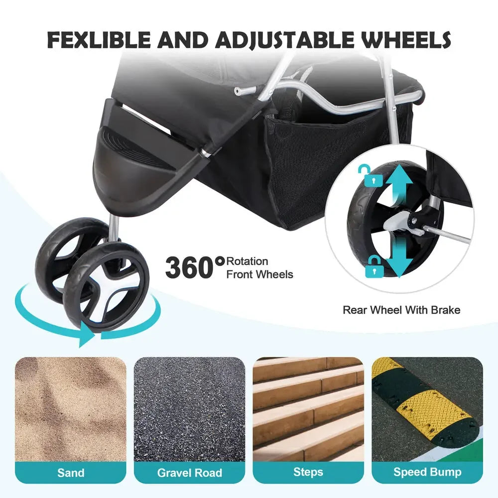 3 Wheels Travel Pet Stroller for Dogs and Cats Easy to Walk Foldable Stroller