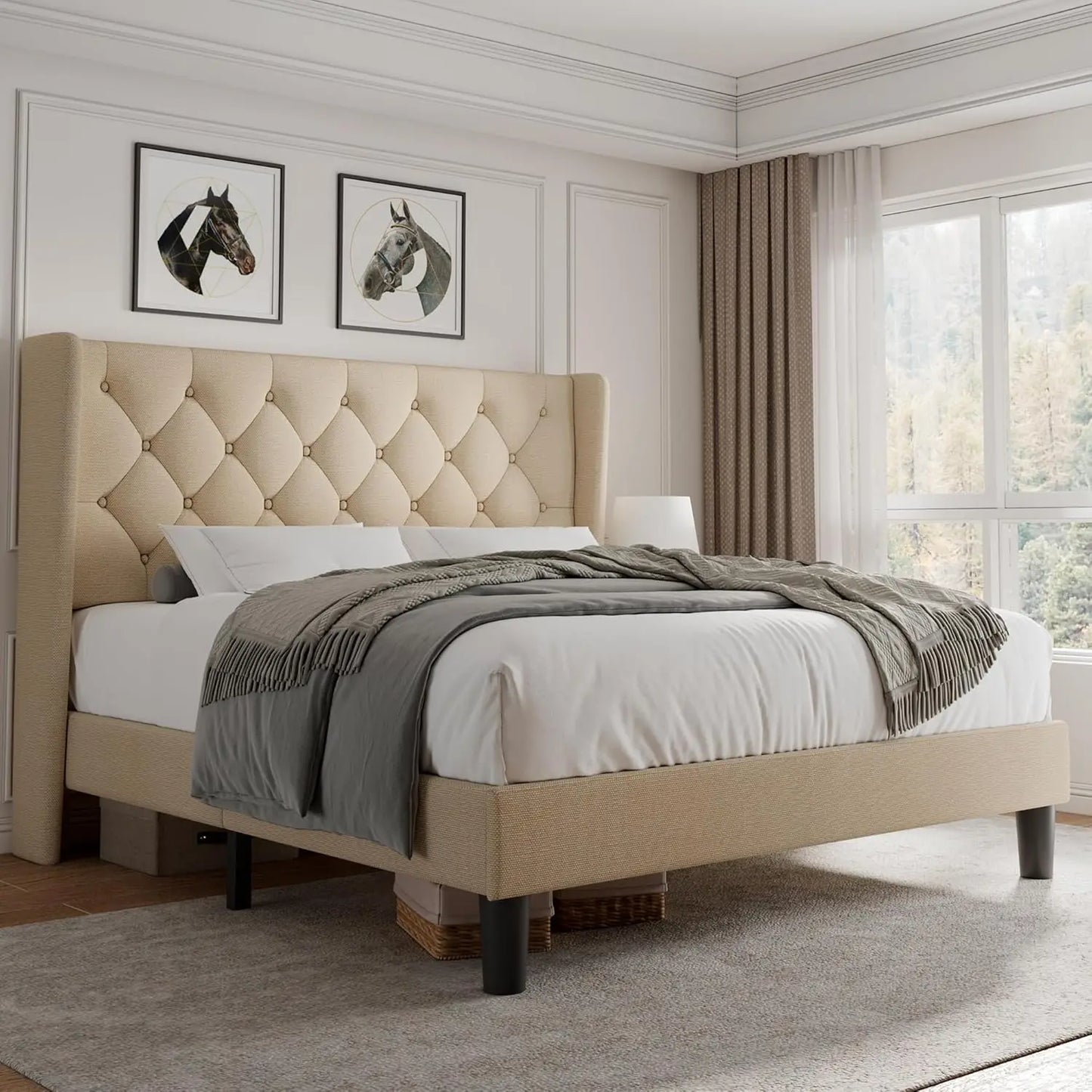 Bed Frame with Button Tufted Headboard, Upholstered Bed Frame with Solid Wooden Slats, 8" Underbed Space