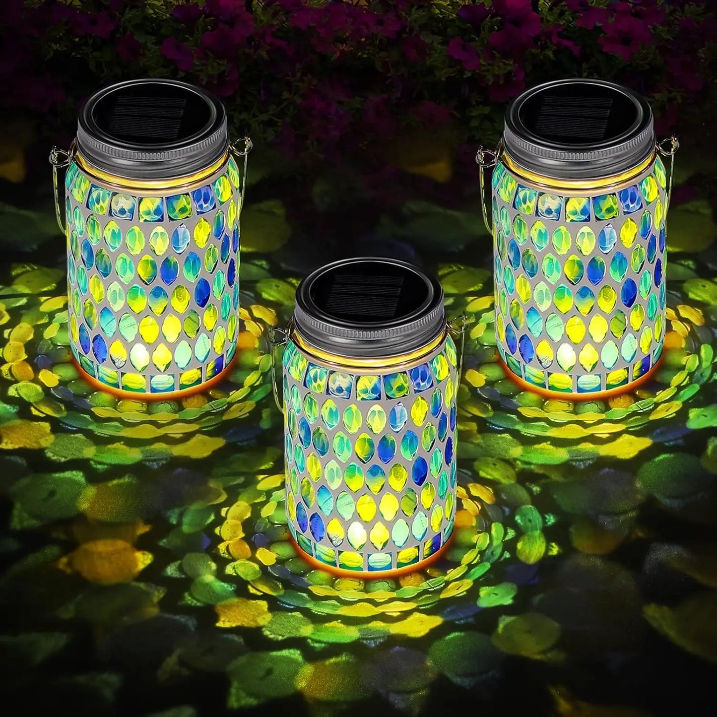 3-Piece Solar Mosaic Lights, Waterproof Outdoor Hanging Lantern for Garden, Patio, Yard Decor (Blue)