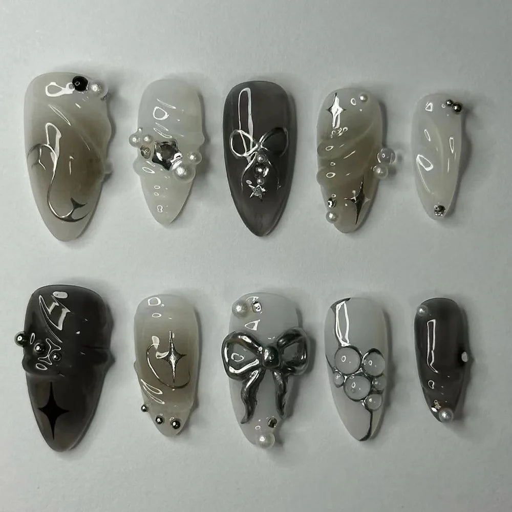 24pcs Aurora Nude Pink Press on Nails Almond Acrylic Sweet Fake Nails with 3d Charms Butterfly Florals Full Cover Flower Nails