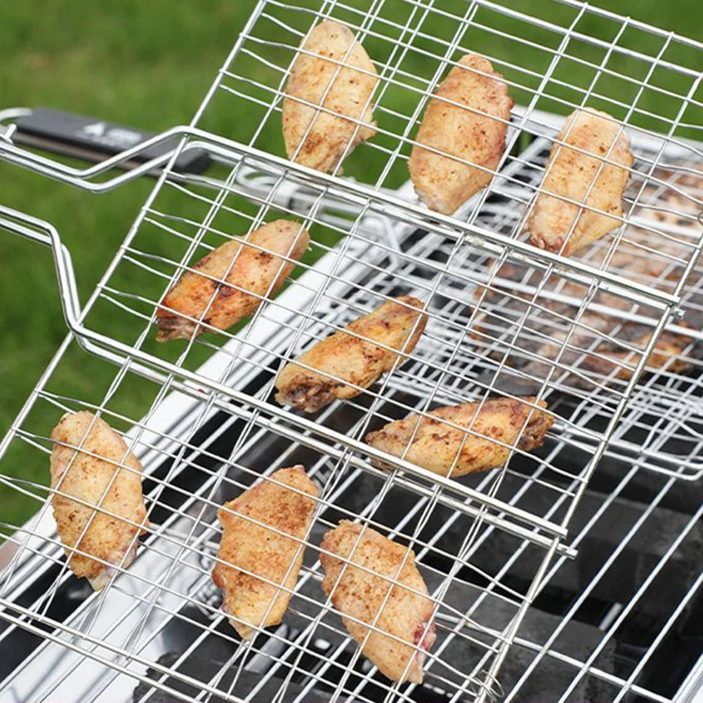 Portable Stainless Steel Grill Rack Outdoor Barbecue Fish Grilling Basket Wooden Handle Bbq Tool Camping Picnic Kitchen