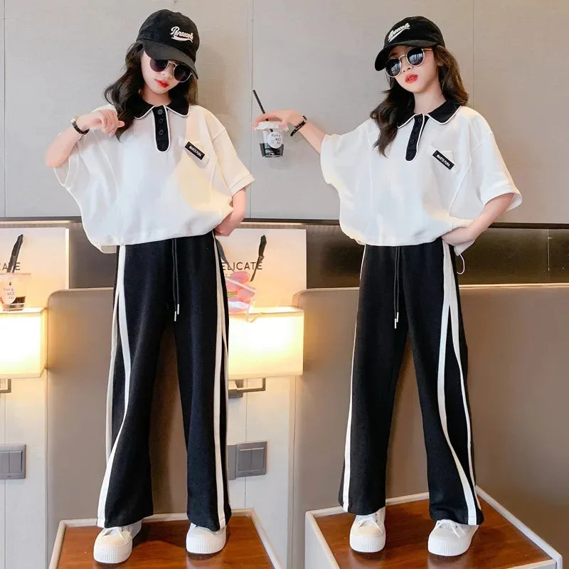 2025 spring summer Girls clothes children set Kids loose t-shirt top and bottom striped wide leg pant 4 8 10 14 15 years teens