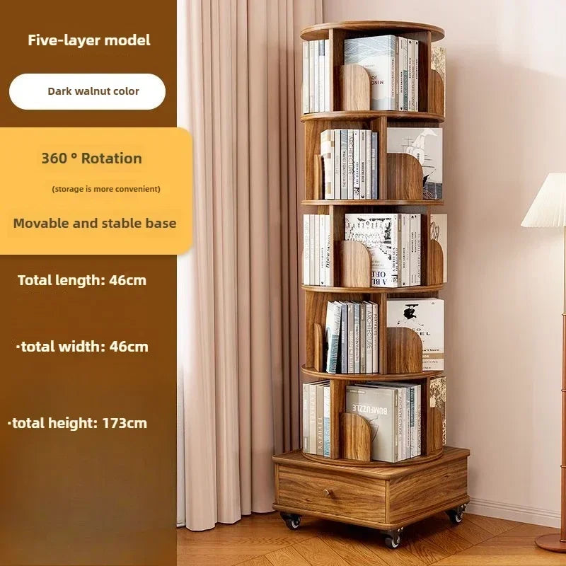 Rotating Bookshelf 360 Floor-to-ceiling Living Room Storage Shelf Home with Wheels Mobile Student Picture Book Shelf Bookcase