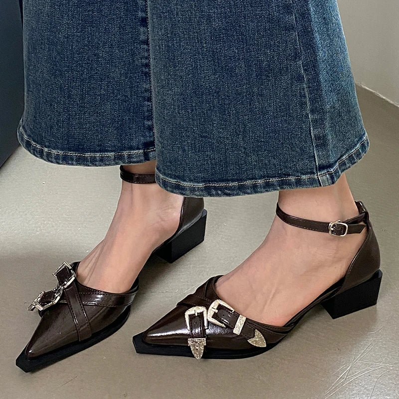Women High Heels Shoes Ladies Sandals 2025 Pointed Toe Shallow Footwear Thick-Heeled Female Ankle Strap Shoes Fashion Pumps