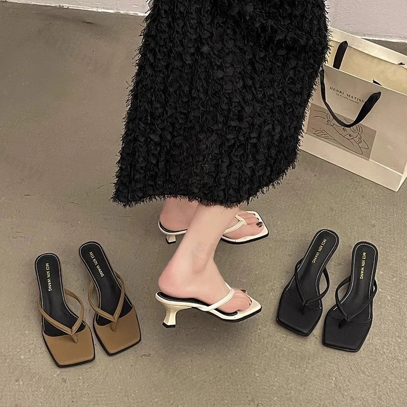 Women's Slippers 2025 Summer Flip Flops High Heel Soft Bottom Fine Heel Casual Rubber Sole Adult Footwear Comfortable Shoes