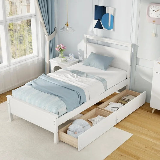 Wood Twin Bed with 2 Storage Drawers, Solid Wood Platform Bed with Headboard, Single Bed Wooden Slats Support