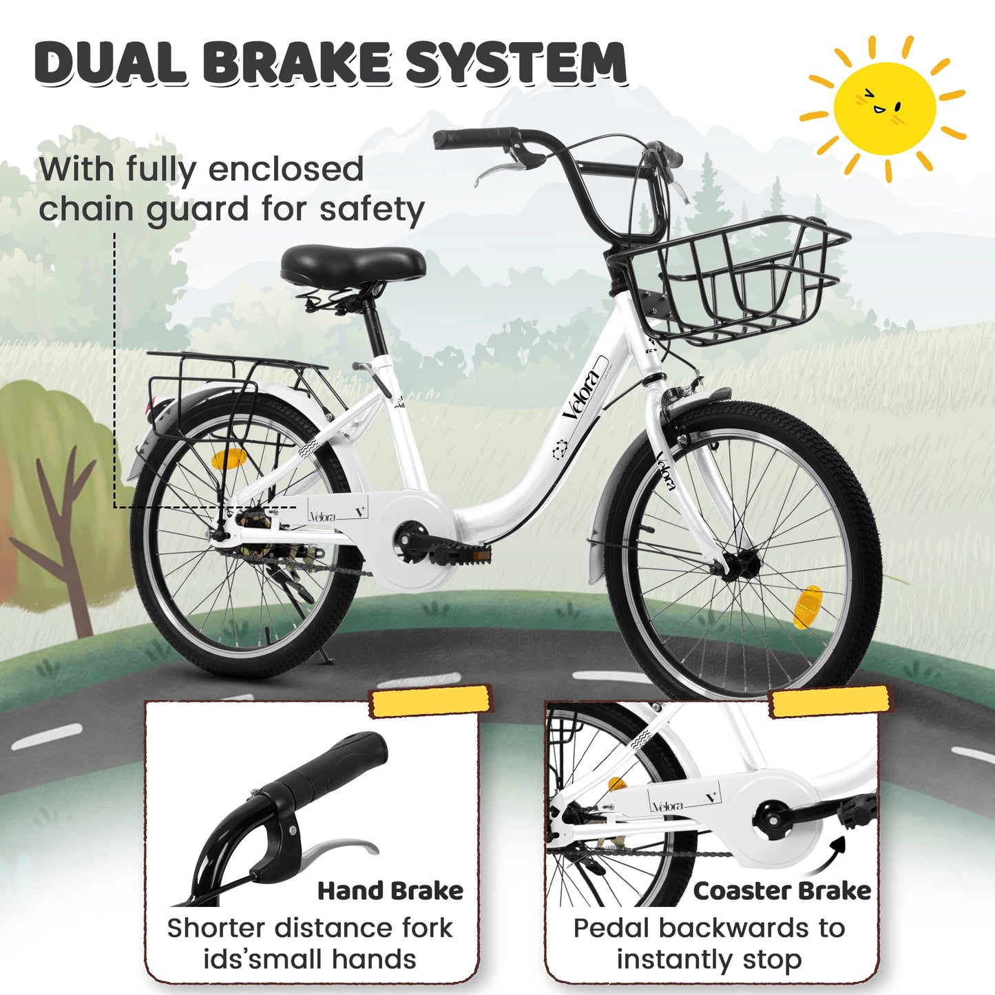 20 Inch Kids Bike for Boys Girls, 1 Speed Kids Bicycle with Basket, Rear Seat, Chain Guard, Coaster Brake, V-Brake, Steel Frame