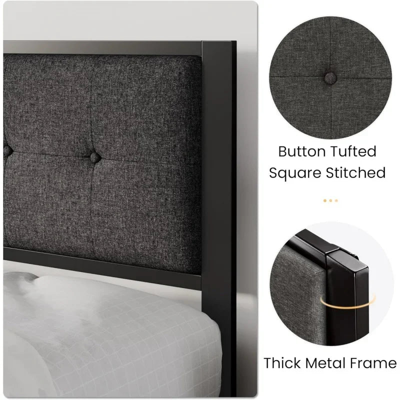 King Size Bed Frame Upholstered Headboard,Platform Bed with Metal Slats,Button Tufted Square Stitched Headboard,Grey