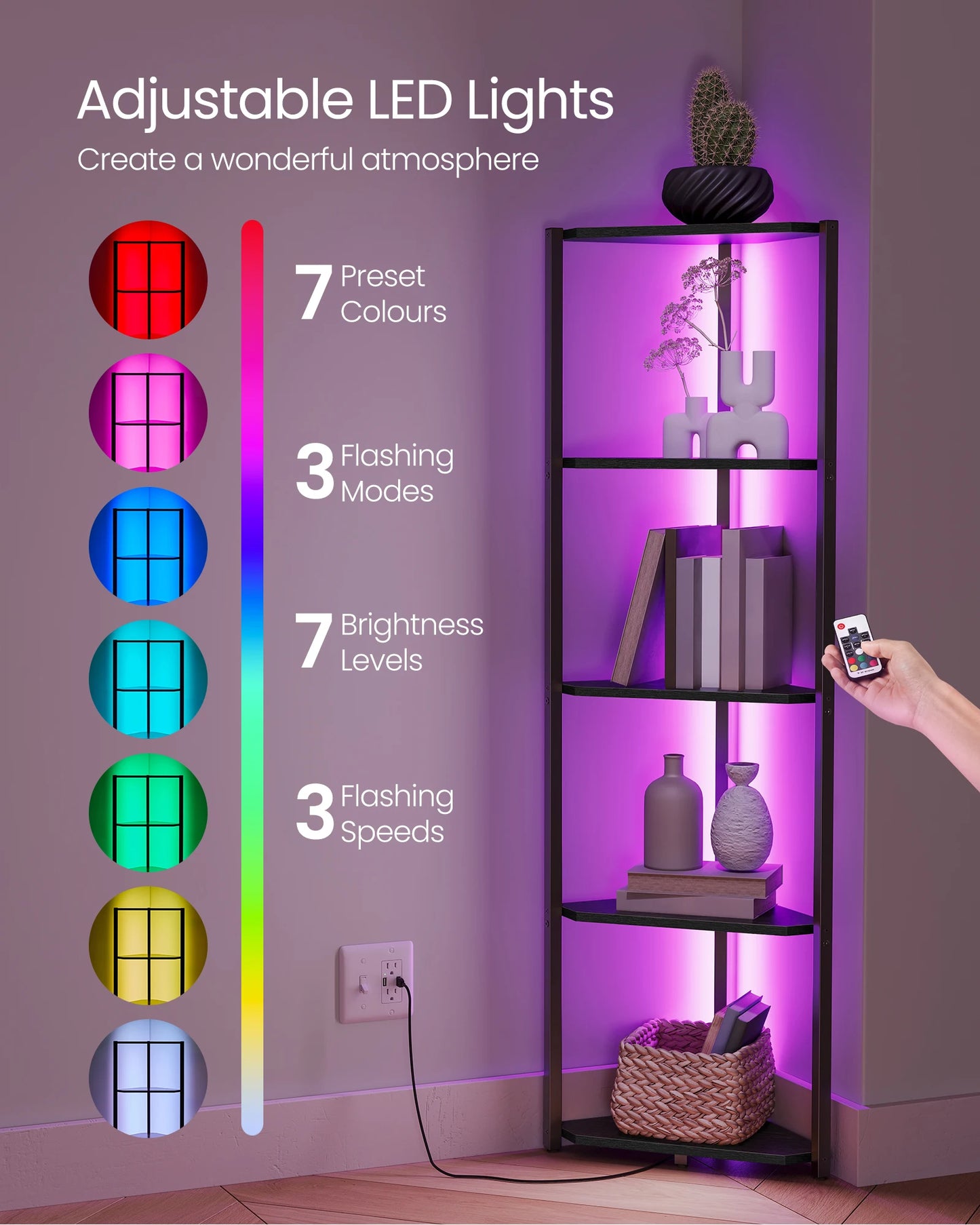 VASAGLE 5-Tier Corner Shelf, Bookcase with Adjustable LED Lights, Storage Shelf with Steel Frame