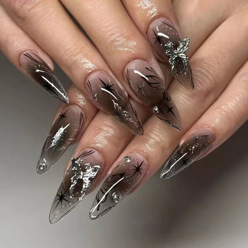 24pcs Aurora Nude Pink Press on Nails Almond Acrylic Sweet Fake Nails with 3d Charms Butterfly Florals Full Cover Flower Nails