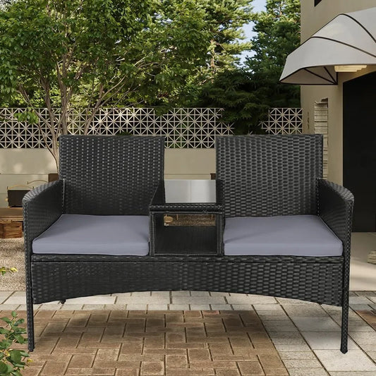 2 Seater Bench with Grey Cushions, Built-In Centre Glass Table Wicker Garden Furniture for Outdoor Balcony Poolside Bistro