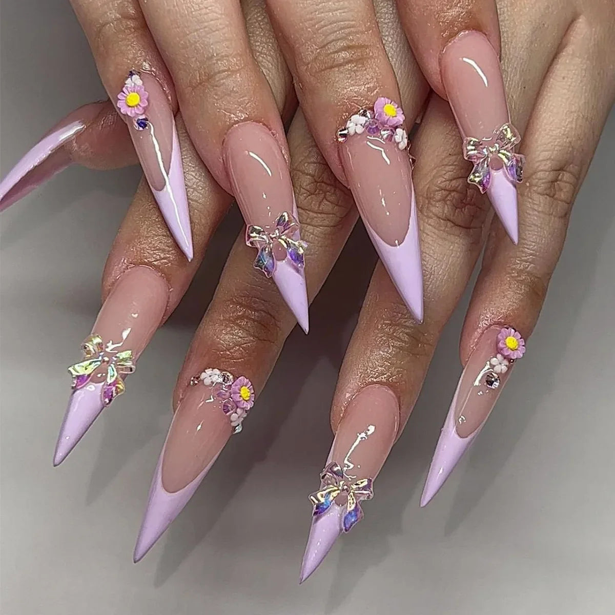 24Pc Leopard Print French False Nails Long Stiletto Press on Nails with Steel Ball Fake Nail Sweet Cool Detachable Nail Tips Art