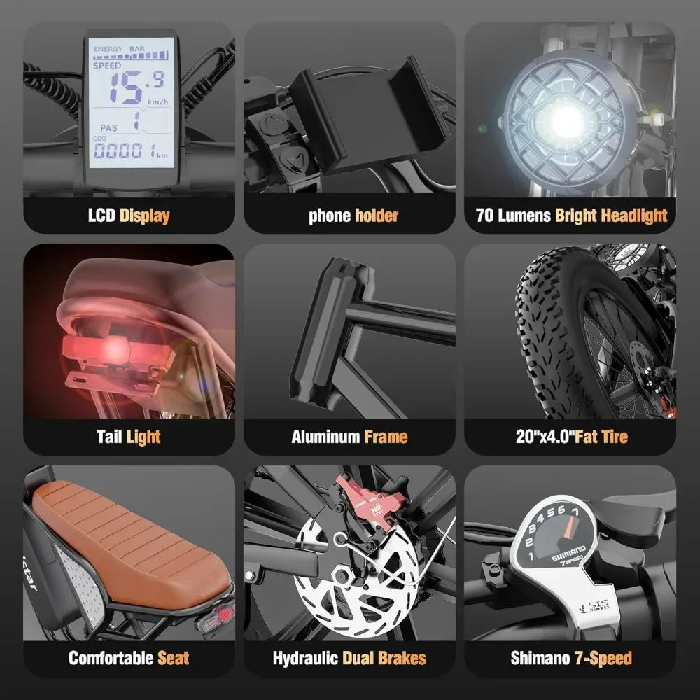 Electric Bike for Adults Q20, 1500W, 30MPH,48V/20AH E-Bike,30-180 Miles Electric Motorcycle, 20" Fat Tire Dirt Bike, All Terrain
