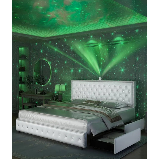 Queen led bed frame with 4 drawers，Galaxy Projector Adjustable Upholstered Headboard Diamond Bed frame with Charger Music Speake
