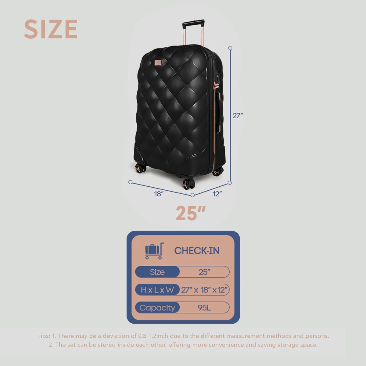 25 inch Medium Check in Luggage TSA Lock Lightweight Hard Shell Suitcase Telescopic Handle Black