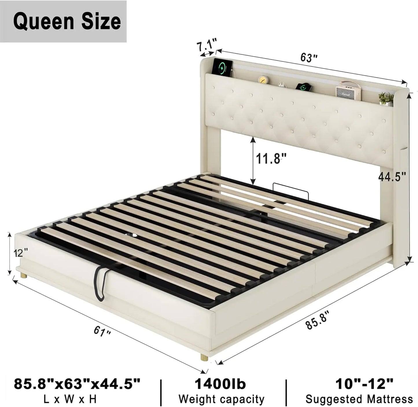 Led Queen Lift Up Storage Bed Frame with Wingback Storage Headboard Beige Upholstered Platform Bed Frame with Storage Underneath
