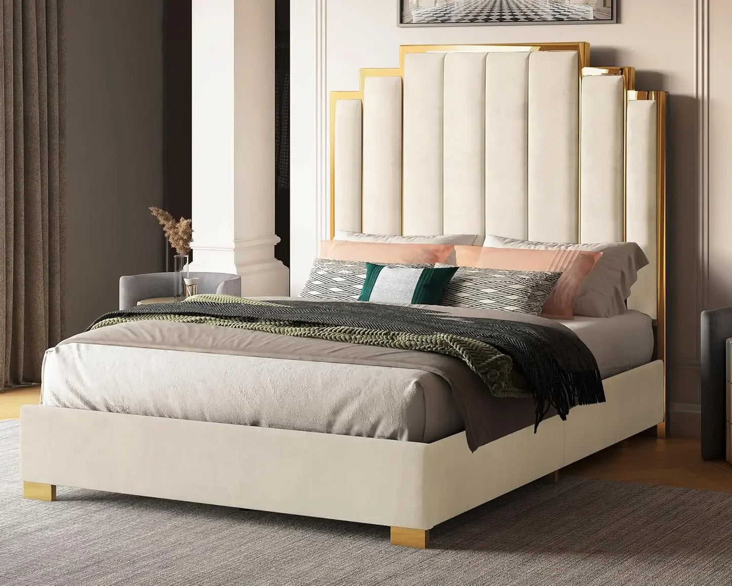 Queen Size Platform Bed Frame, 61.4" Velvet Upholstered Bed with Gold Trim Headboard/Wooden Slats/No Box Spring Needed