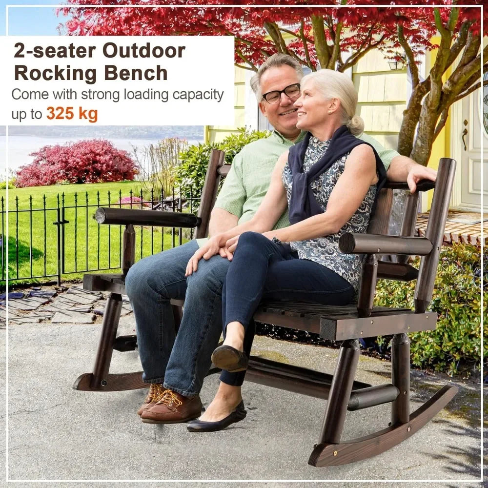 2-Seater Garden Bench,  Carbonized Wood Patio Rocker Chair with Ergonomic Backrest,  Outdoor Furniture Rocking Loveseat