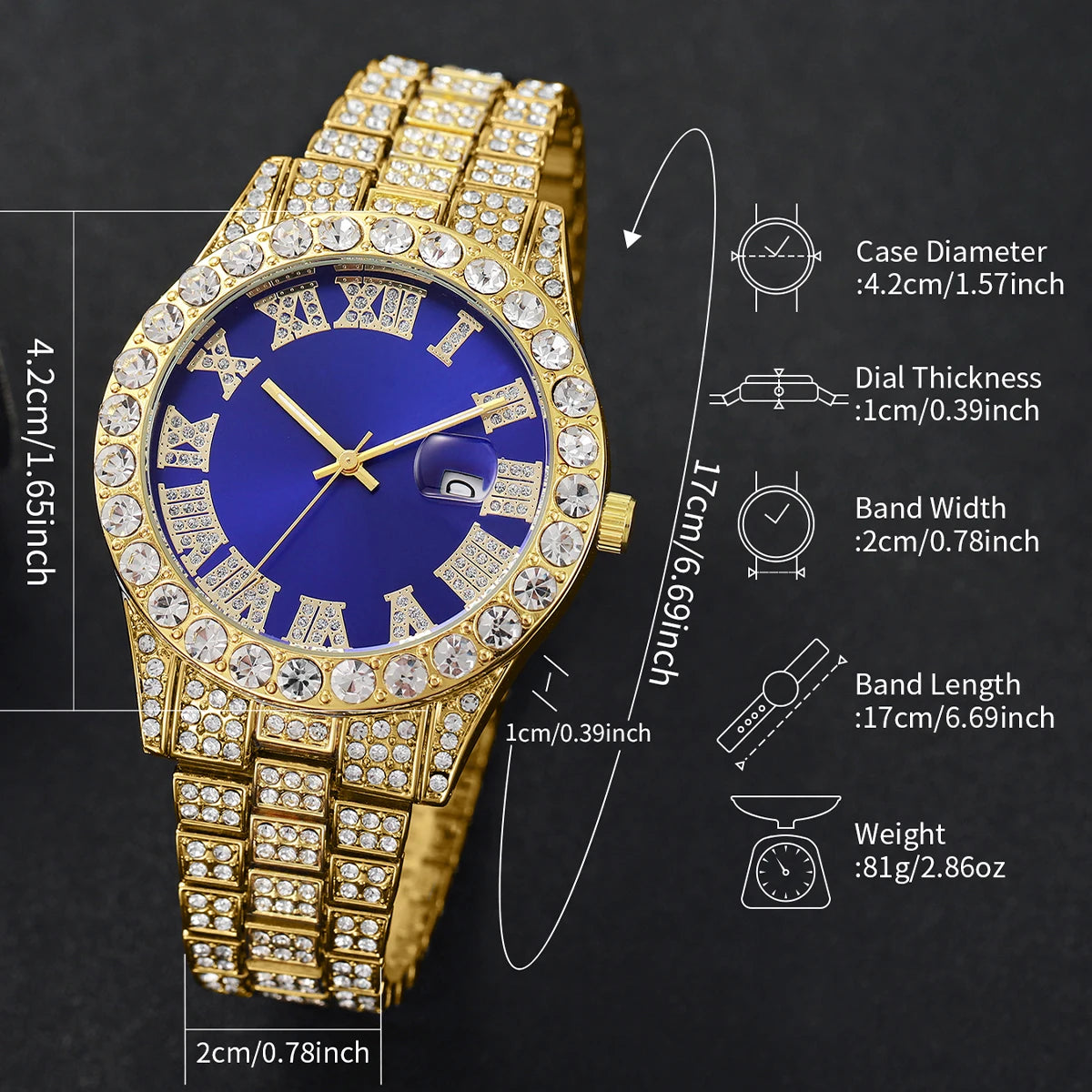 Fashion Full Diamond Men's Watch Stainless Steel Band Male Quartz Wristwatches Date Calendar Watches